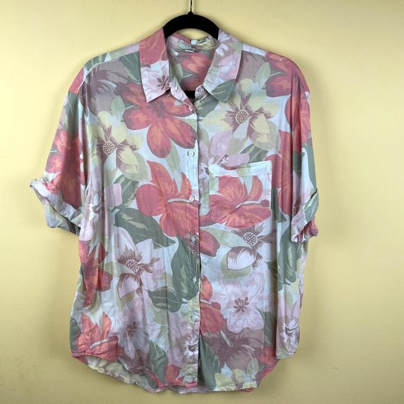 aerie Hibiscus Pastel Button Down Camp Shirt M - Picture 1 of 9